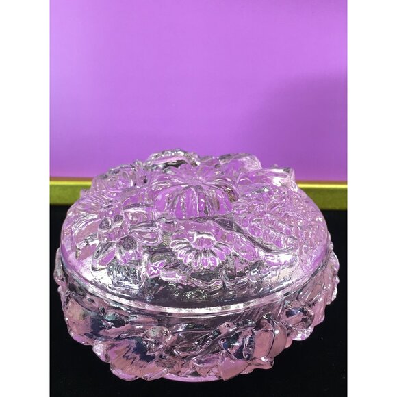 Vintage Fenton Art Glass Powder Jar Trinket Box with Lid Transparent Pink Floral - Picture 12 of 16